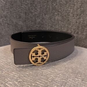 Tory Burch Gray/Olive Leather Belt with Gold Buckle